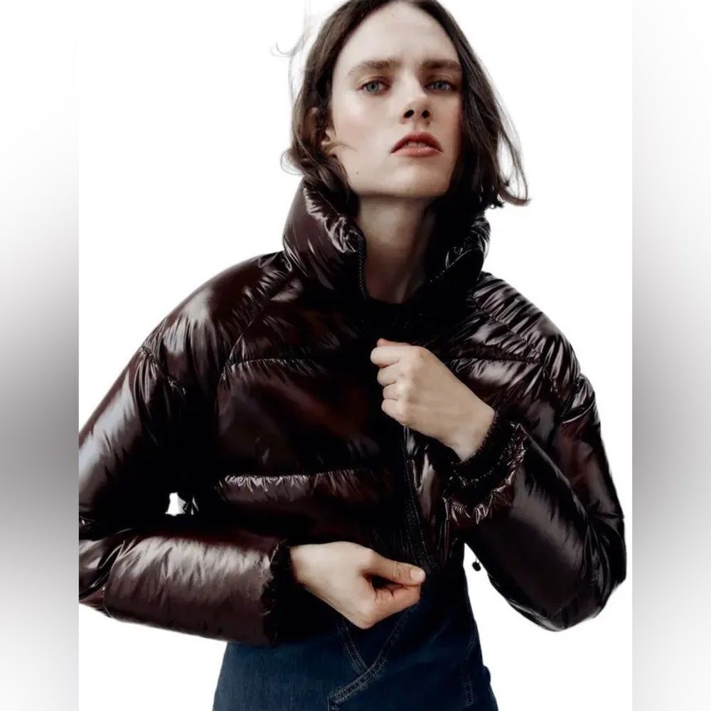 Zara Brown Cropped Shiny Puffer Jacket size X Small Bloggers Favorite